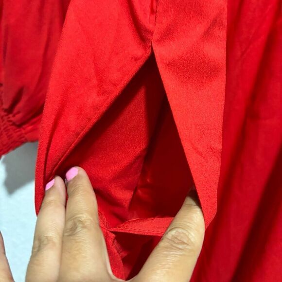 La Linge Square Neck Smocked Side Slit Fit & Flare Dress Red 2X Ballon Sleeve - Picture 9 of 11